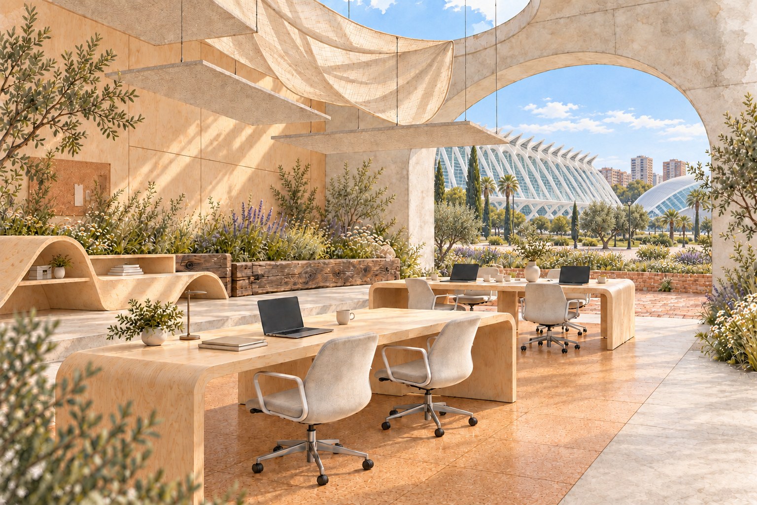 Watercolor coworking concept with a concrete arch, plywood walls and desks, cork flooring, reclaimed timber seating, suspended hemp acoustic panels, salvaged brick patio and solid walkways, with an imagined view of Valencia’s City of Arts and Sciences.